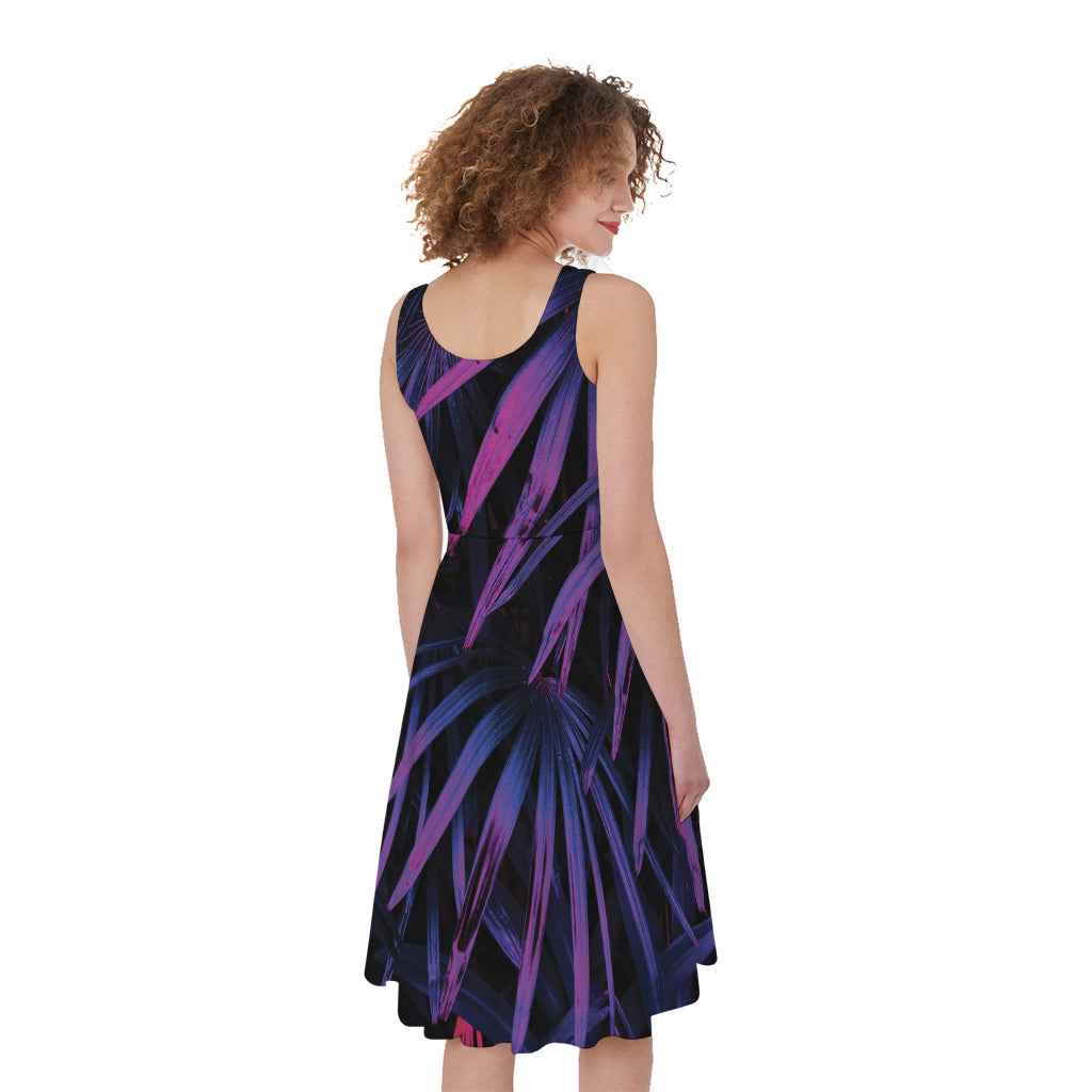 Violet Tropical Leaves Print Women's Sleeveless Dress