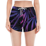Violet Tropical Leaves Print Women's Split Running Shorts