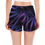 Violet Tropical Leaves Print Women's Split Running Shorts