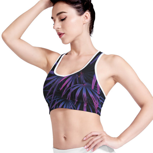 Violet Tropical Leaves Print Women's Sports Bra