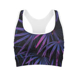Violet Tropical Leaves Print Women's Sports Bra