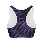 Violet Tropical Leaves Print Women's Sports Bra