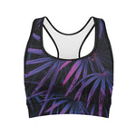 Violet Tropical Leaves Print Women's Sports Bra