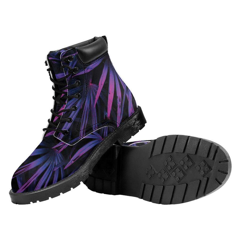 Violet Tropical Leaves Print Work Boots