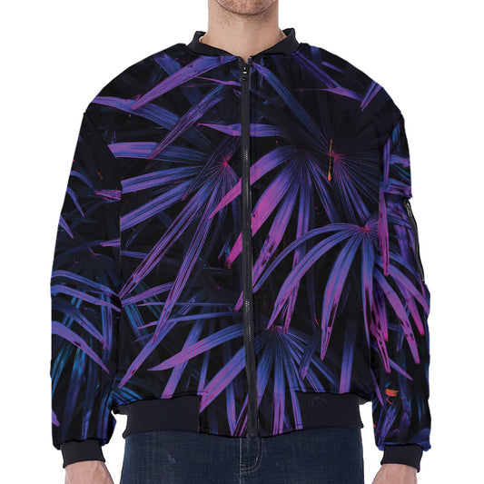 Violet Tropical Leaves Print Zip Sleeve Bomber Jacket