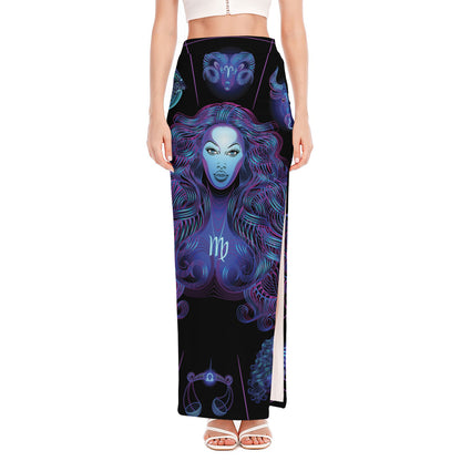 Virgo And Astrological Signs Print High Slit Maxi Skirt