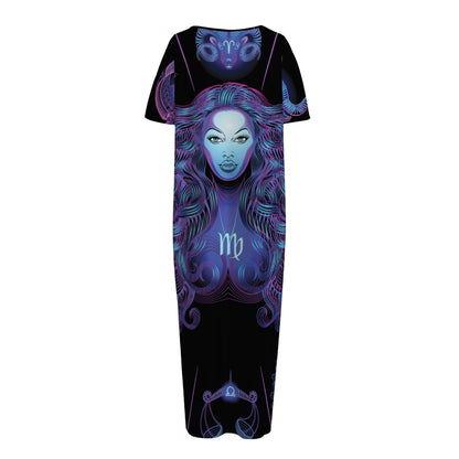 Virgo And Astrological Signs Print Short Sleeve Long Nightdress