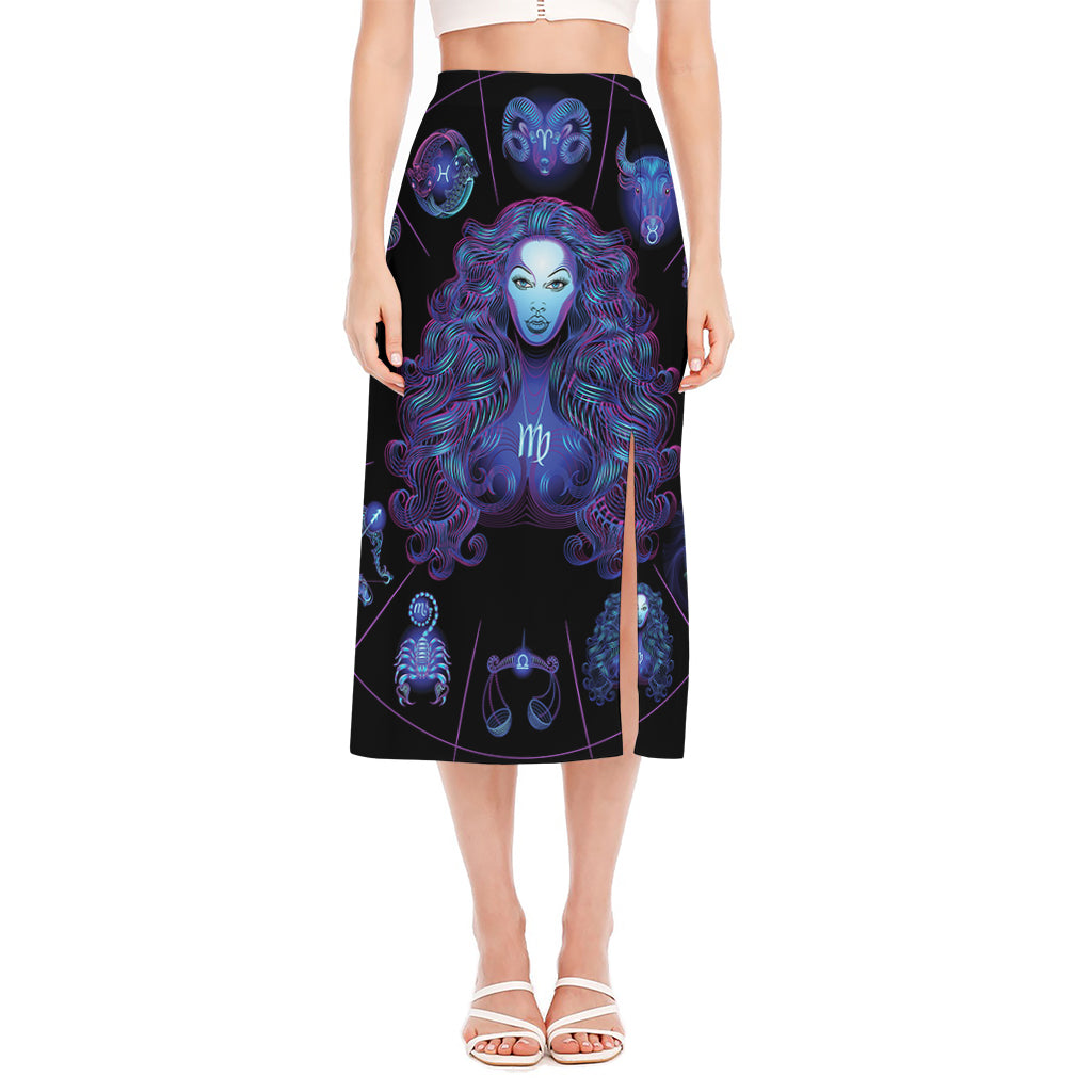 Virgo And Astrological Signs Print Side Slit Midi Skirt