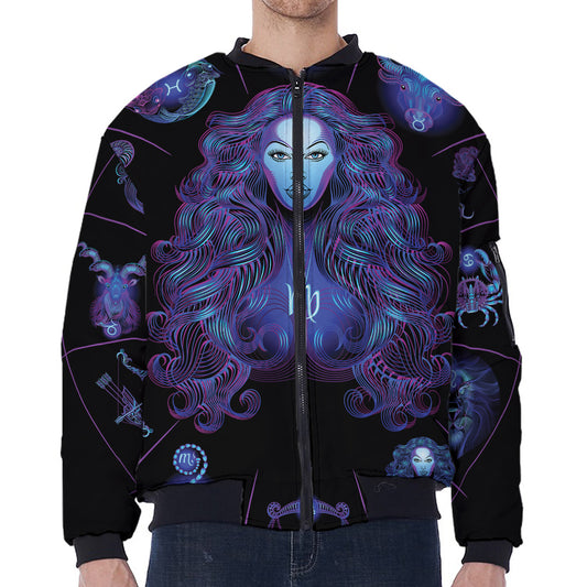 Virgo And Astrological Signs Print Zip Sleeve Bomber Jacket