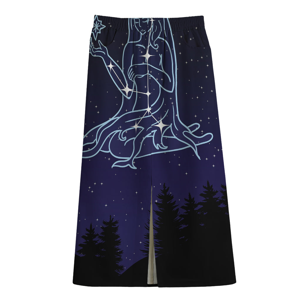 Virgo Constellation Print Cotton Front Slit Maxi Skirt