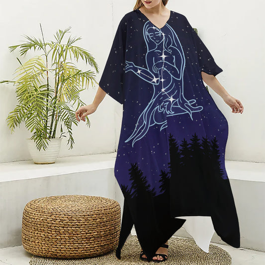 Virgo Constellation Print Silk V-Neck Kaftan Dress