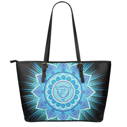 Vishuddha Chakra Mandala Print Leather Tote Bag