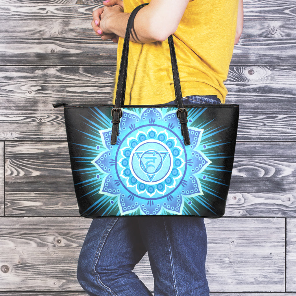 Vishuddha Chakra Mandala Print Leather Tote Bag