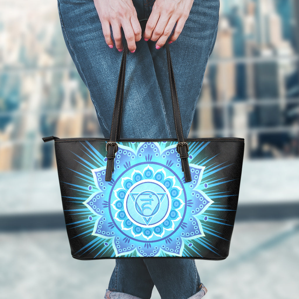 Vishuddha Chakra Mandala Print Leather Tote Bag