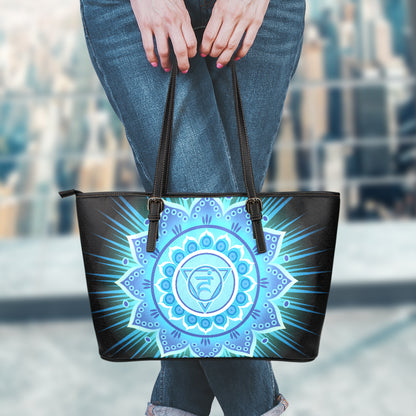 Vishuddha Chakra Mandala Print Leather Tote Bag