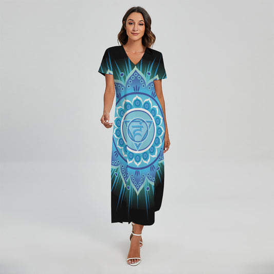 Vishuddha Chakra Mandala Print Short Sleeve Maxi Dress