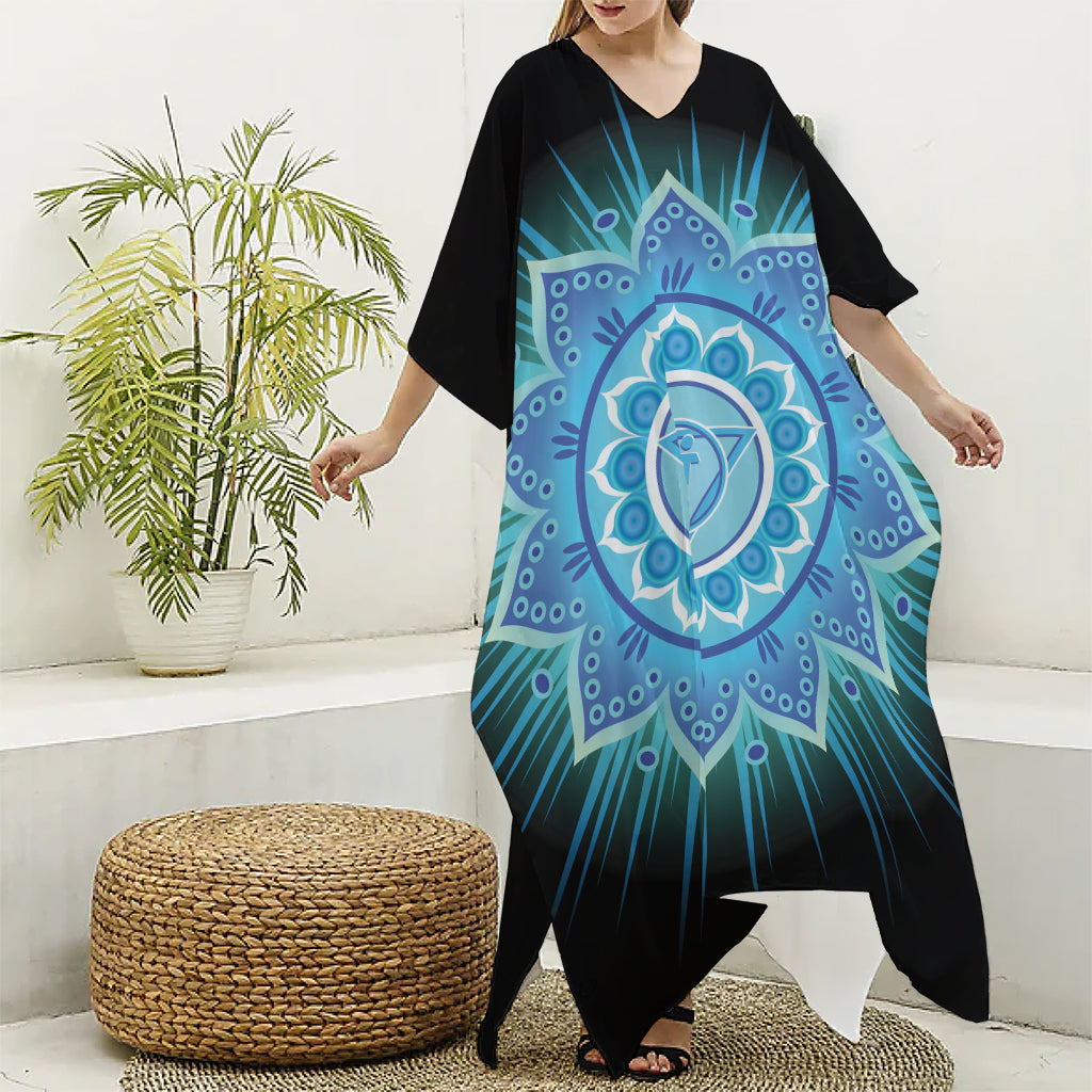 Vishuddha Chakra Mandala Print Silk V-Neck Kaftan Dress