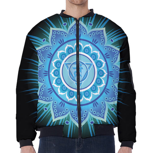 Vishuddha Chakra Mandala Print Zip Sleeve Bomber Jacket