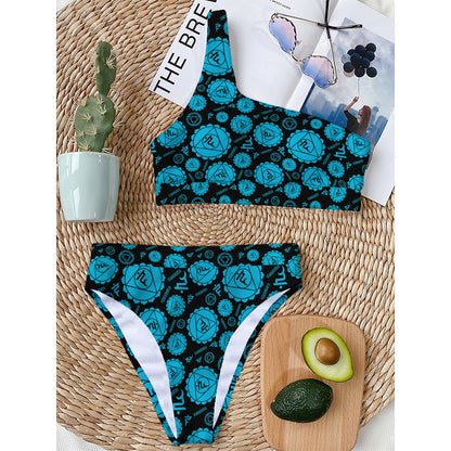 Vishuddha Chakra Pattern Print One Shoulder Bikini Top
