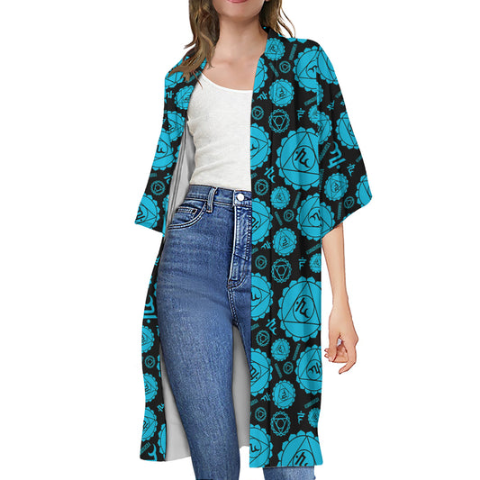 Vishuddha Chakra Pattern Print Open Front Beach Cover Up