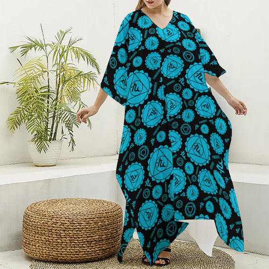 Vishuddha Chakra Pattern Print Silk V-Neck Kaftan Dress