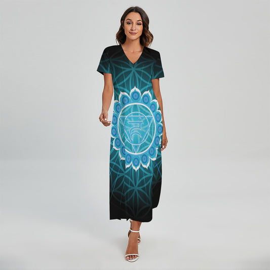 Vishuddha Chakra Spiritual Print Short Sleeve Maxi Dress