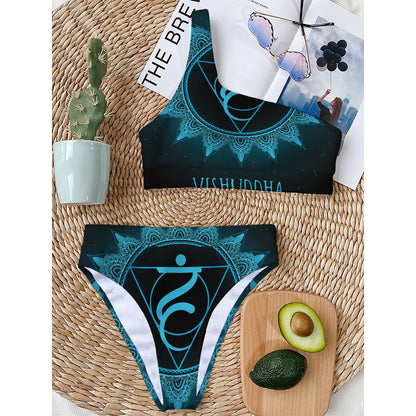 Vishuddha Chakra Symbol Print One Shoulder Bikini Top