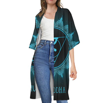Vishuddha Chakra Symbol Print Open Front Beach Cover Up
