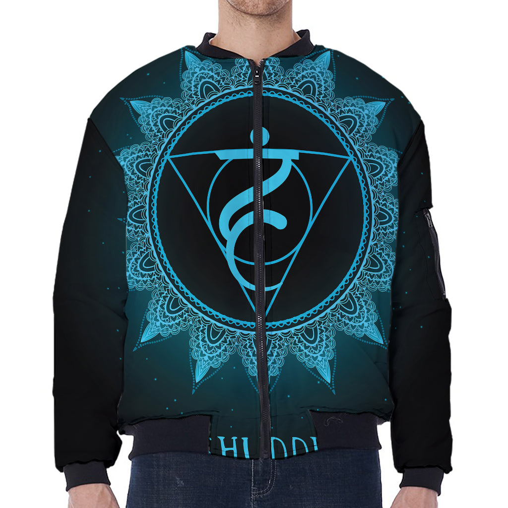 Vishuddha Chakra Symbol Print Zip Sleeve Bomber Jacket