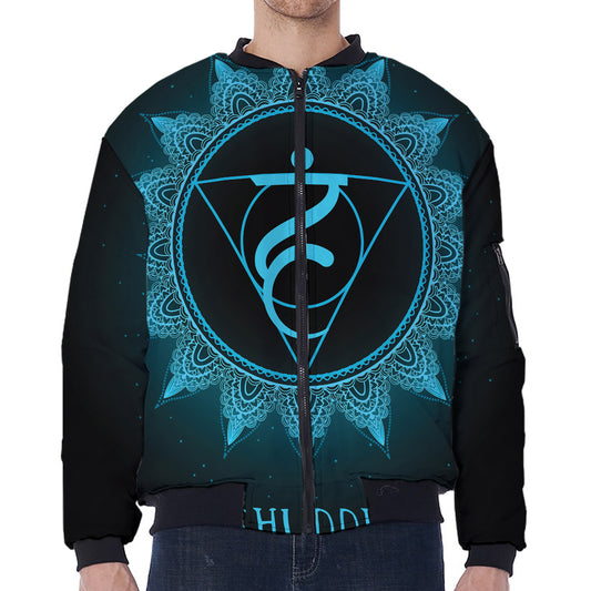 Vishuddha Chakra Symbol Print Zip Sleeve Bomber Jacket