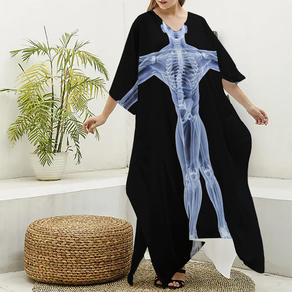 Vitruvian Man X-Ray Print Silk V-Neck Kaftan Dress