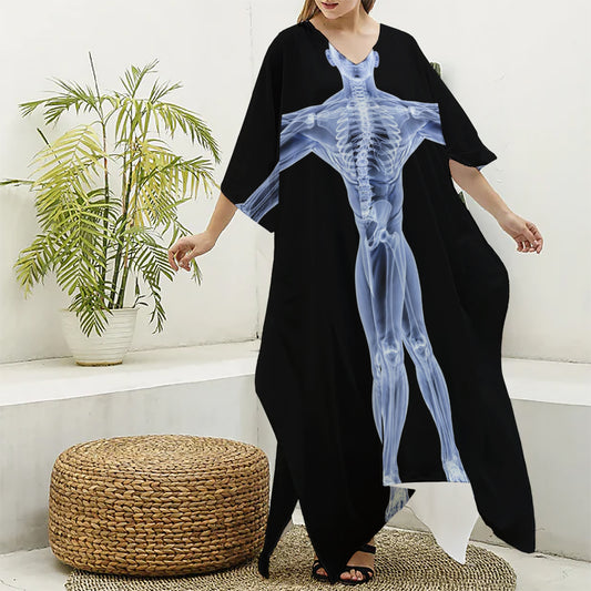 Vitruvian Man X-Ray Print Silk V-Neck Kaftan Dress