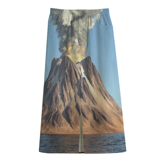 Volcanic Mountain Print Cotton Front Slit Maxi Skirt