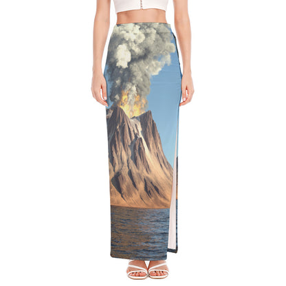 Volcanic Mountain Print High Slit Maxi Skirt