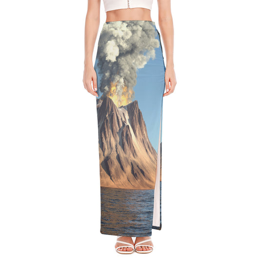Volcanic Mountain Print High Slit Maxi Skirt