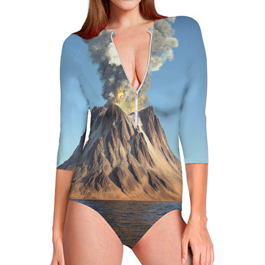 Volcanic Mountain Print Long Sleeve Swimsuit