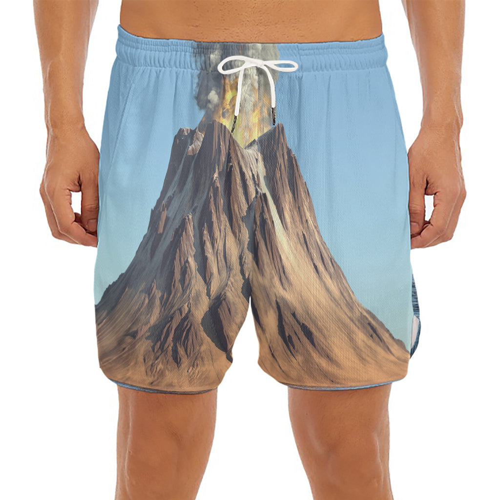 Volcanic Mountain Print Men's Split Running Shorts