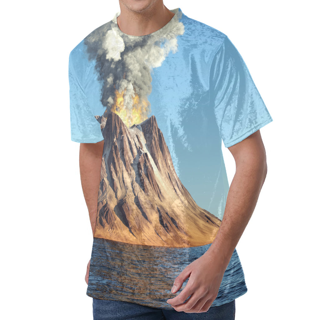 Volcanic Mountain Print Men's Velvet T-Shirt