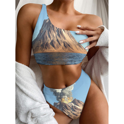 Volcanic Mountain Print One Shoulder Bikini Top