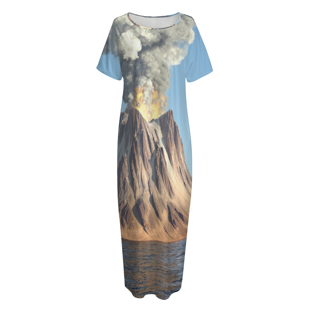 Volcanic Mountain Print Short Sleeve Long Nightdress