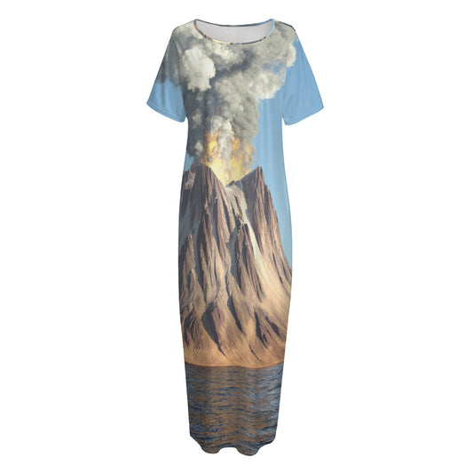 Volcanic Mountain Print Short Sleeve Long Nightdress