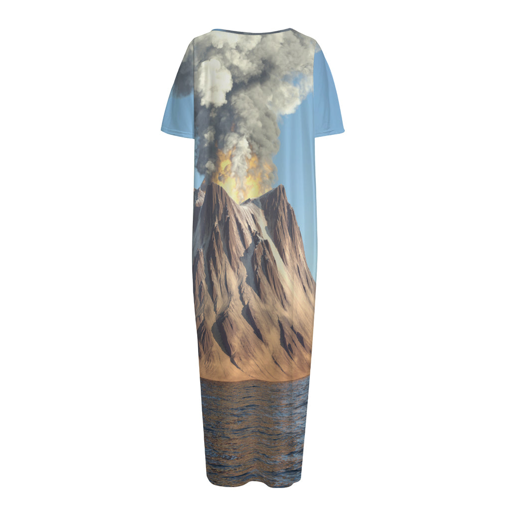 Volcanic Mountain Print Short Sleeve Long Nightdress