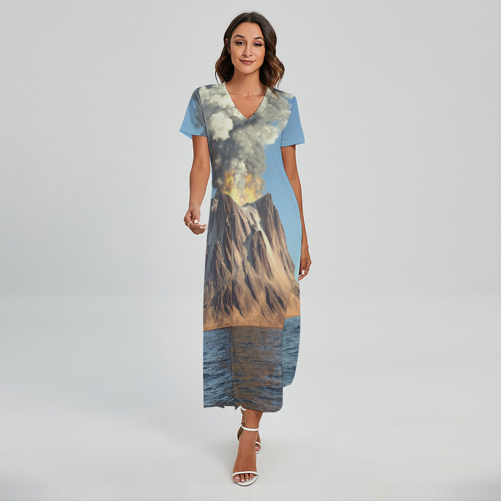 Volcanic Mountain Print Short Sleeve Maxi Dress