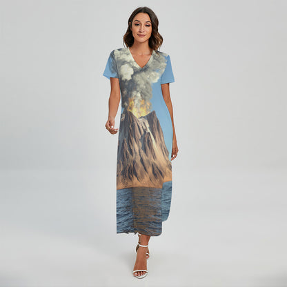 Volcanic Mountain Print Short Sleeve Maxi Dress