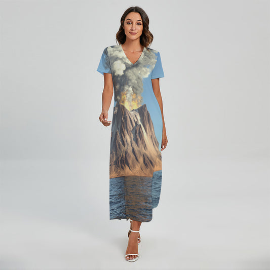 Volcanic Mountain Print Short Sleeve Maxi Dress