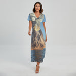 Volcanic Mountain Print Short Sleeve Maxi Dress