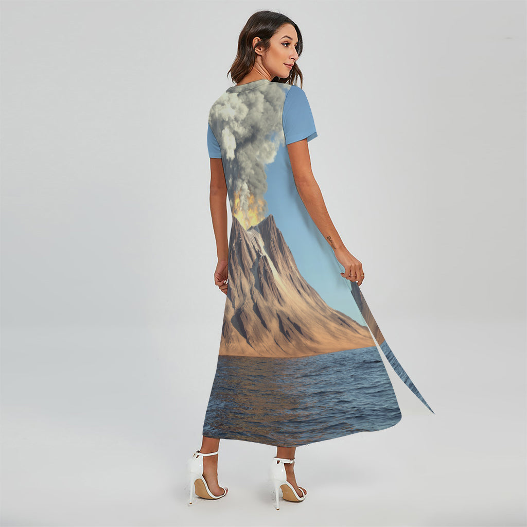 Volcanic Mountain Print Short Sleeve Maxi Dress
