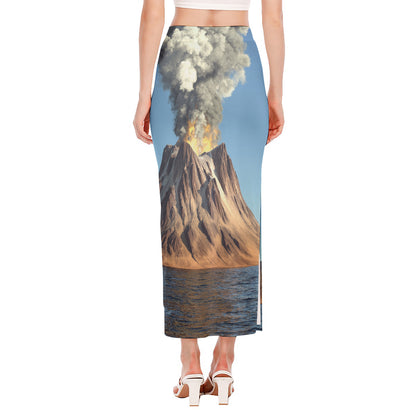 Volcanic Mountain Print Side Slit Maxi Skirt