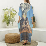 Volcanic Mountain Print Silk V-Neck Kaftan Dress