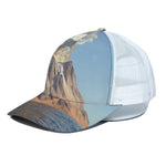 Volcanic Mountain Print White Mesh Trucker Cap